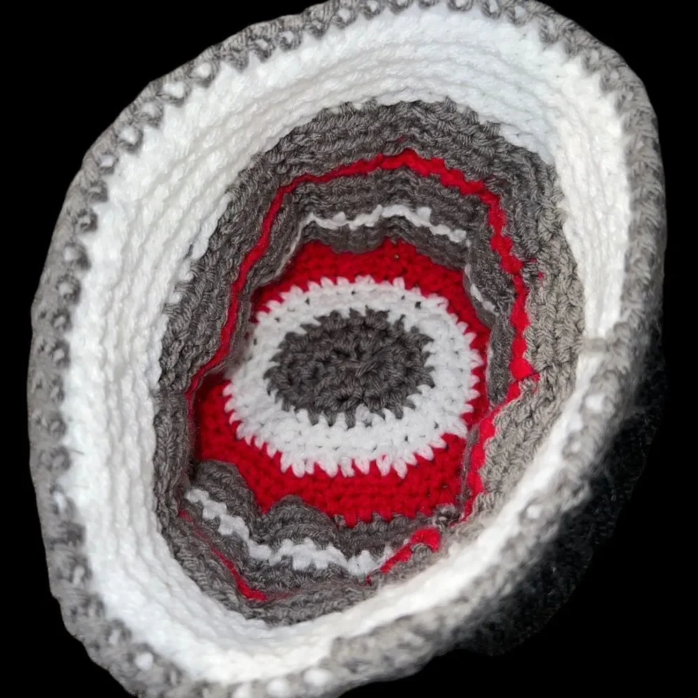Handmade‎ child’s knit stocking cap in Ohio State University’s Scarlet and Grey